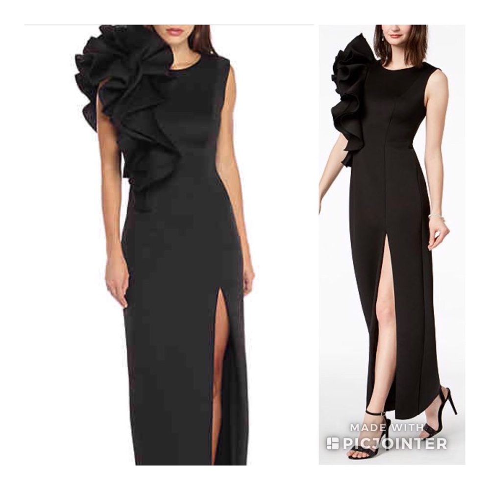 NWT BETSY & ADAM Ruffled One-Shoulder Black Gown size 4 - Picture 2 of 2